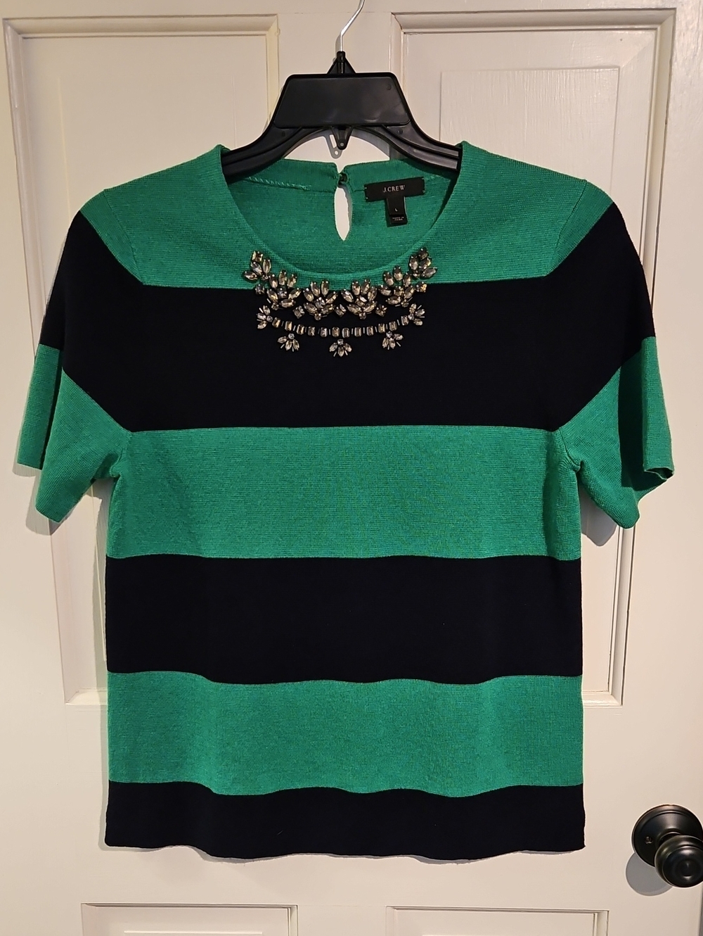 J. Crew Green & Navy Striped Short Sleeve 100% Merino Wool Sweater